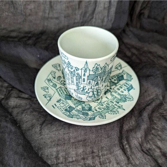 Nymolle Art Faience Hoyrup Denmark Cup & Saucer 6007 Village Harbor Scene 1970s - Picture 2 of 9